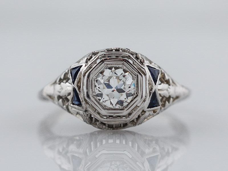 Wedding - Antique Engagement Ring Art Deco .45ct Old European Cut Diamond in 18k White Gold