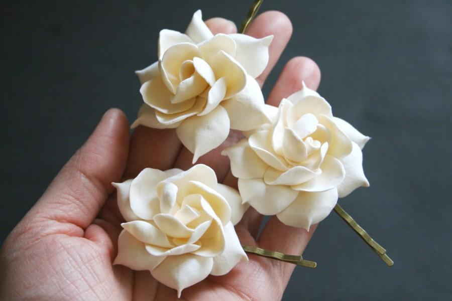 زفاف - Peach gardenia  Bridal flower clip Bridal Flower Pin Bridal hair flower Wedding hair clip Flower hair accessory