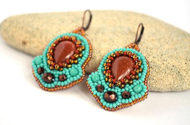 Hochzeit - Turquoise Copper Earrings Bead Embroidered Earrings Goldstone Earrings Beadwork Eearrings Seed Bead Earrings Bead Embroidery Gift for mom