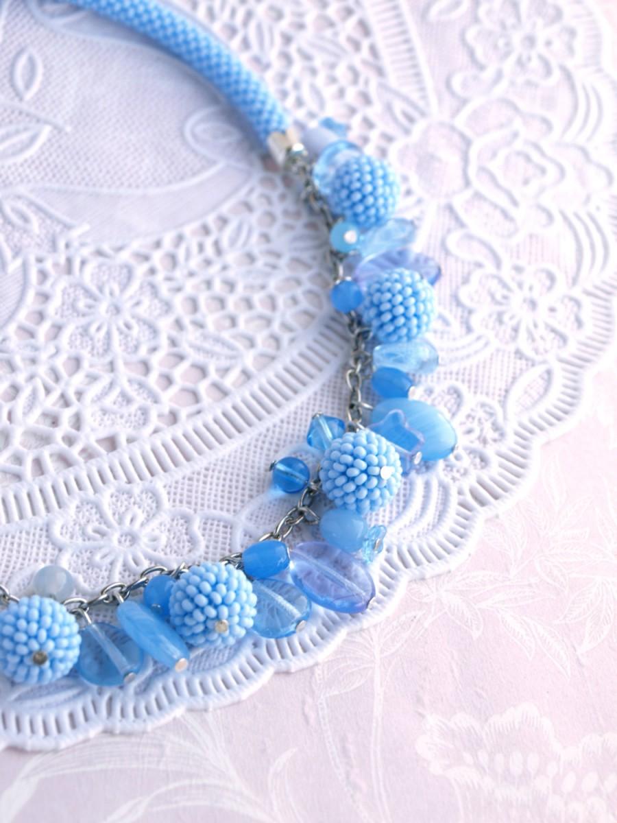 Wedding - Serenity Blue necklace Seed bead necklace Bead crochet rope Beaded ball necklace Light blue chunky necklace Serenity fashion jewelry