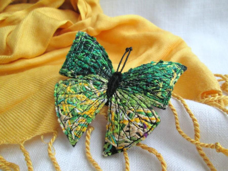 Wedding - Fiber Brooch Green Yellow Butterfly. Fiber Art Pin. Felt brooch. Machine Embroidered .Butterfly Brooch. Fabric butterfly. Textile Jewelry.