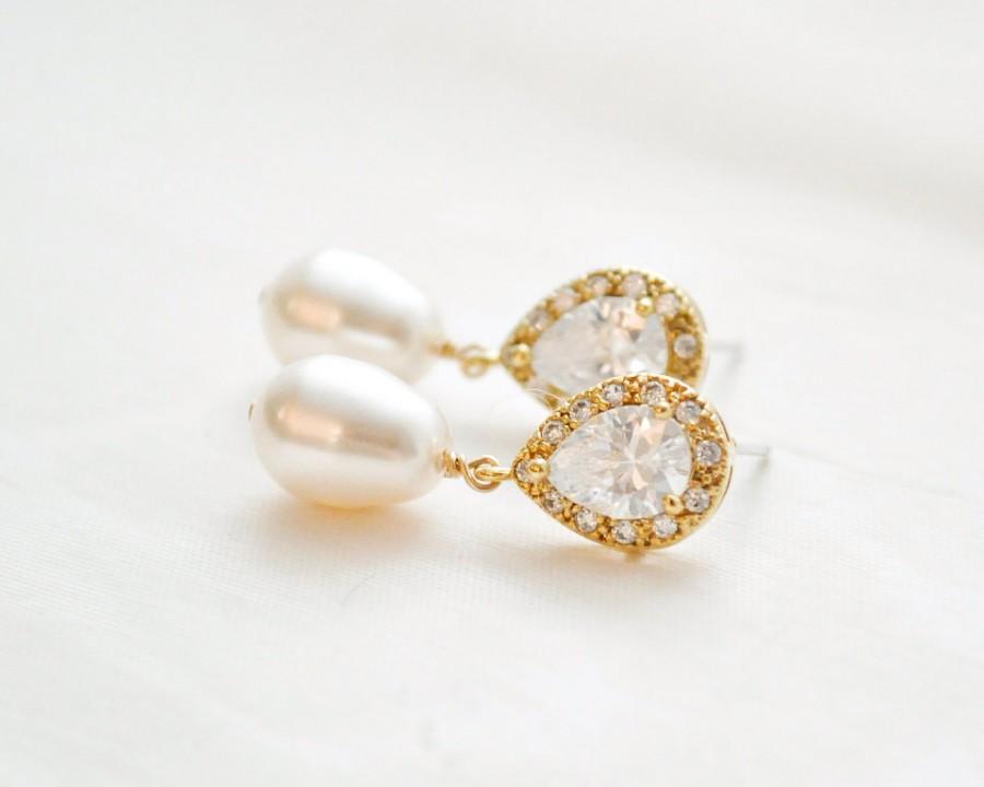 زفاف - Gold Bridal Earrings, Gold Wedding Earrings, Gold Pearl and CZ Earrings, Gold Wedding Jewellery