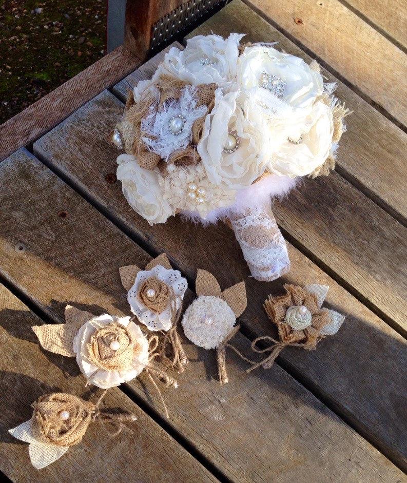 زفاف - Wedding bouquet, burlap flowers, wedding bouquet vintage inspired, wedding bouquet fabric flowers, weddimg bouquet burlap flowers
