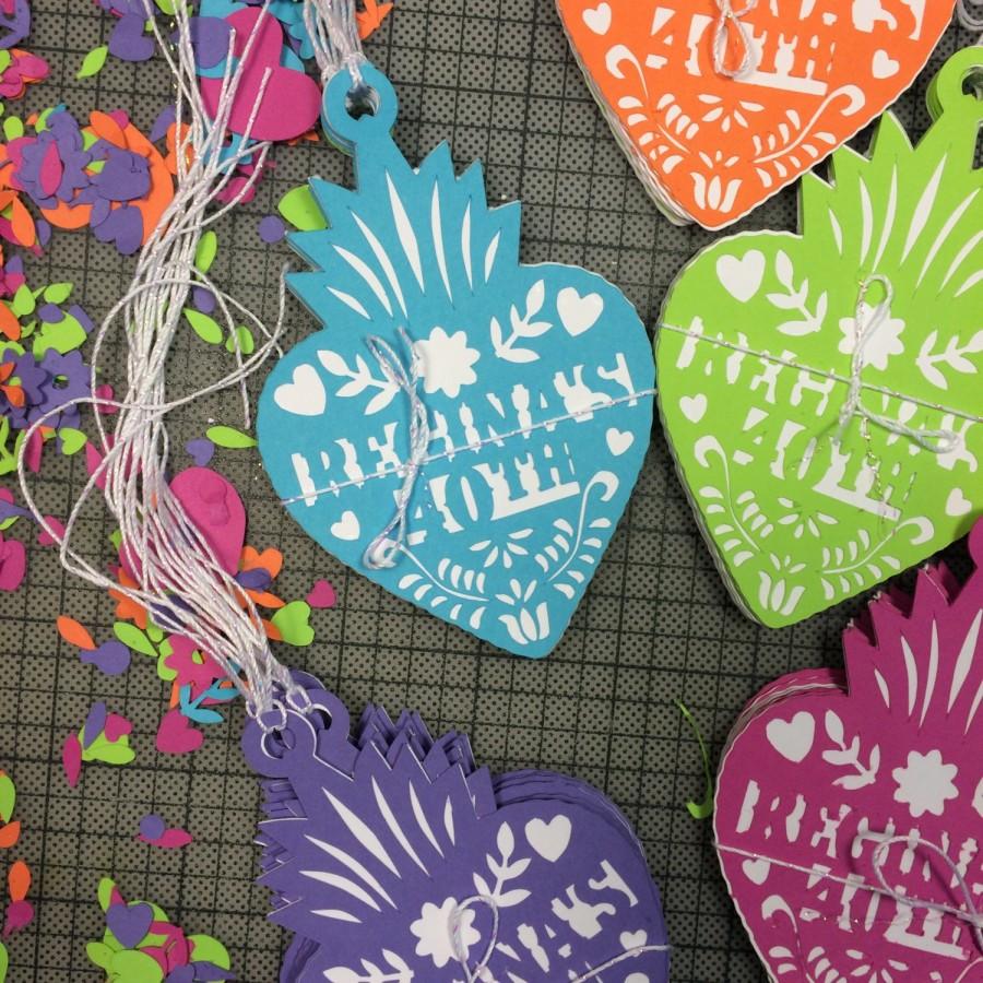 Свадьба - Papel Picado, Mexican Wedding Thank You Gift Tags, Fiesta, Corazon, Gracias Tag, Personalized, Paper Cut, Set of 12