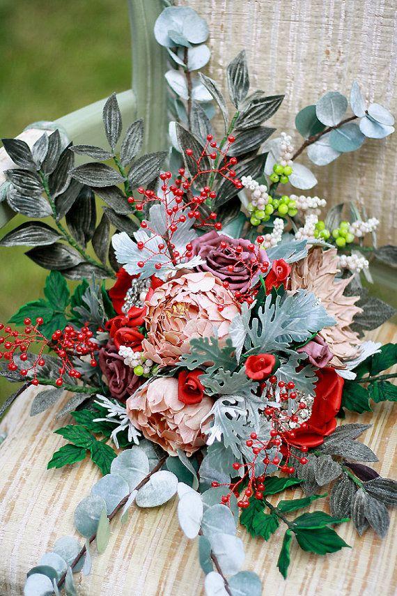 Mariage - Wedding Bouquet SAMPLE SALE - Heirloom Flowers Collection - Handmade Pure Silk Flowers, Velvet Leaves, Sparkling Rhinestone Brooches