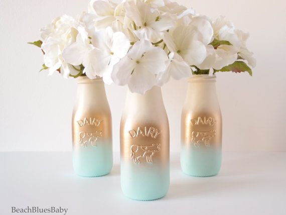 Mariage - Aqua And Gold Baby Shower Centerpiece Boy Blue Party Decor Ombre Painted Milk Bottles Rustic