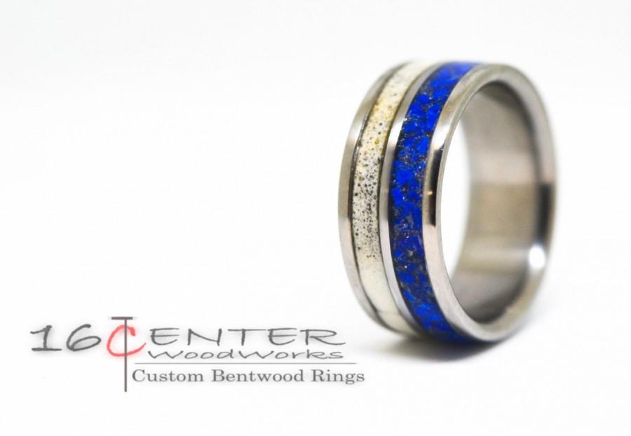 Mariage - Mens titanium ring with deer anlter, lapis lazuli stone. wedding ring for him, bent wood ring, anniversary ring, titanium jewelry
