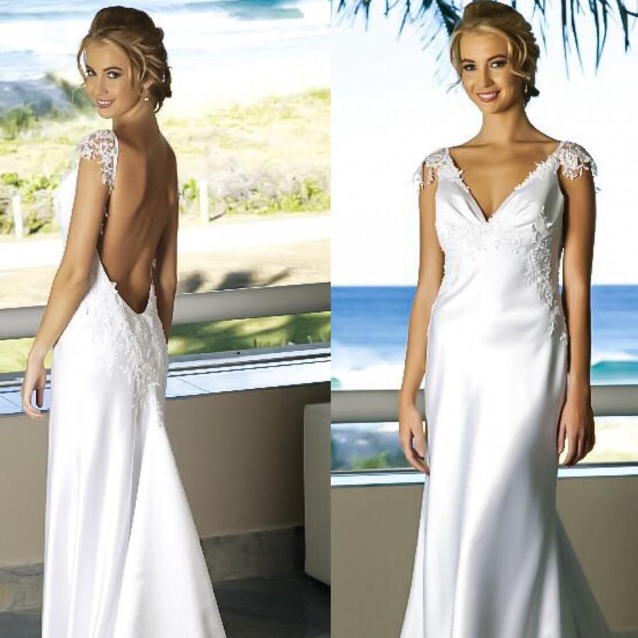 Mariage - Low back Beach wedding dress/V-neck Backless wedding gown/ Cup sleeve wedding dress/Simple wedding dress.