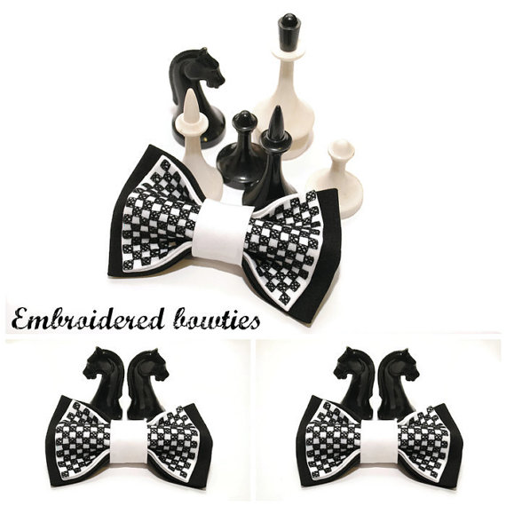 Свадьба - gift him bow tie for men embroidered black white chess bowtie gift ideas groomsman tie gifts boyfriend for chess lovers black wedding A2D5