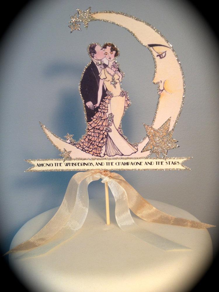 Wedding - Art Deco Wedding Cake Topper - Silver Glitter - Great Gatsby - Crescent Moon