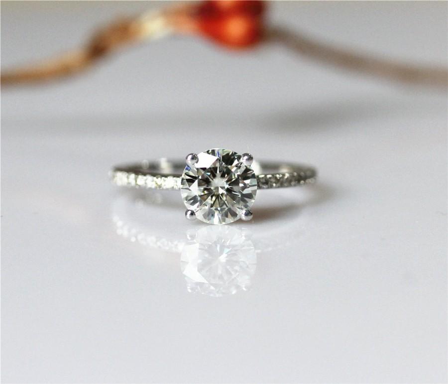 Hochzeit - Forever Brilliant Moissanite Ring 6.5mm Round FB Moissanite Pave Half Eternity Diamonds Ring Moissanite Engagement Ring 14K White Gold Ring