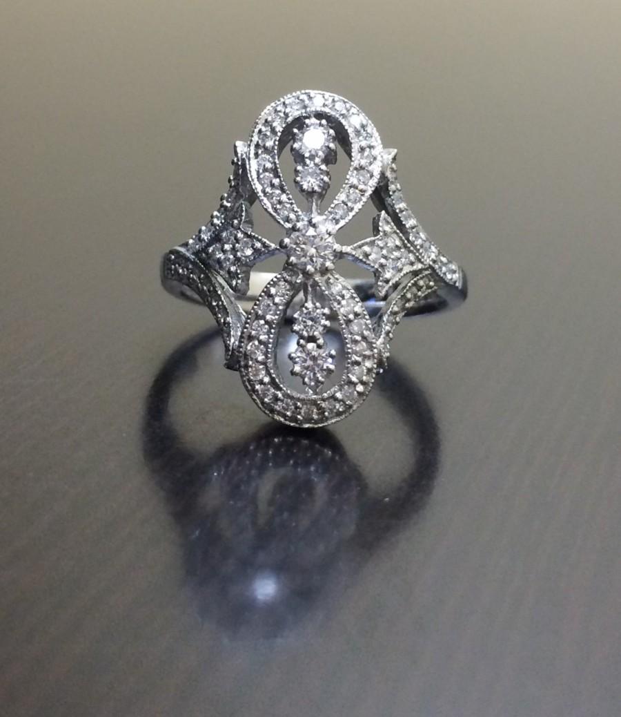 زفاف - 14K White Gold Art Deco Diamond Engagement Ring - Art Deco 14K Gold Diamond Wedding Ring - 14K Pave Diamond Ring - Diamond Art Deco Ring