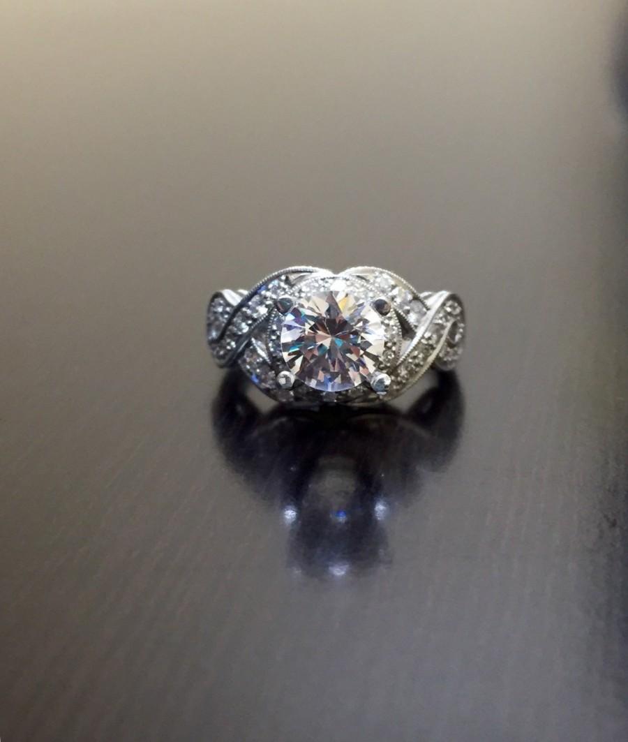 زفاف - Platinum Art Deco Diamond Engagement Ring - Art Deco Platinum Pave Diamond Wedding Ring - Pave Diamond Ring - Engraved Platinum Ring