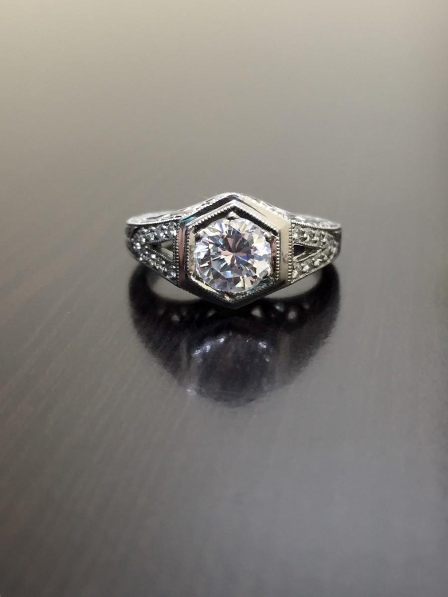 زفاف - Platinum Art Deco Diamond Engagement Ring - Platinum Diamond Wedding Ring - Diamond Hand Engraved Platinum Ring - Diamond Art Deco Ring