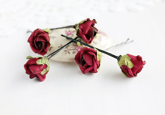 زفاف -    , Deep Red Bridal Pins, Marsala Wedding Pins, Flower Hair Pins, Wedding Bobby Pins, Rose Hair Pins, Bridal Bobby Pins