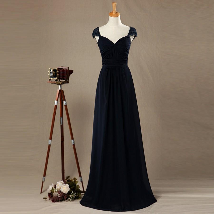 Wedding - 2016 Navy Blue Lace Bridesmaid dress, Cap Sleeves Wedding dress, Party dress, Long Evening dress Floor Length