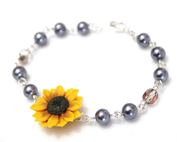 Wedding - Yellow Sunflower and Grey Pearl Bracelet, Sunflower Bracelet, Yellow Bridesmaid Jewelry, Sunflower Jewelry, Summer Jewelry