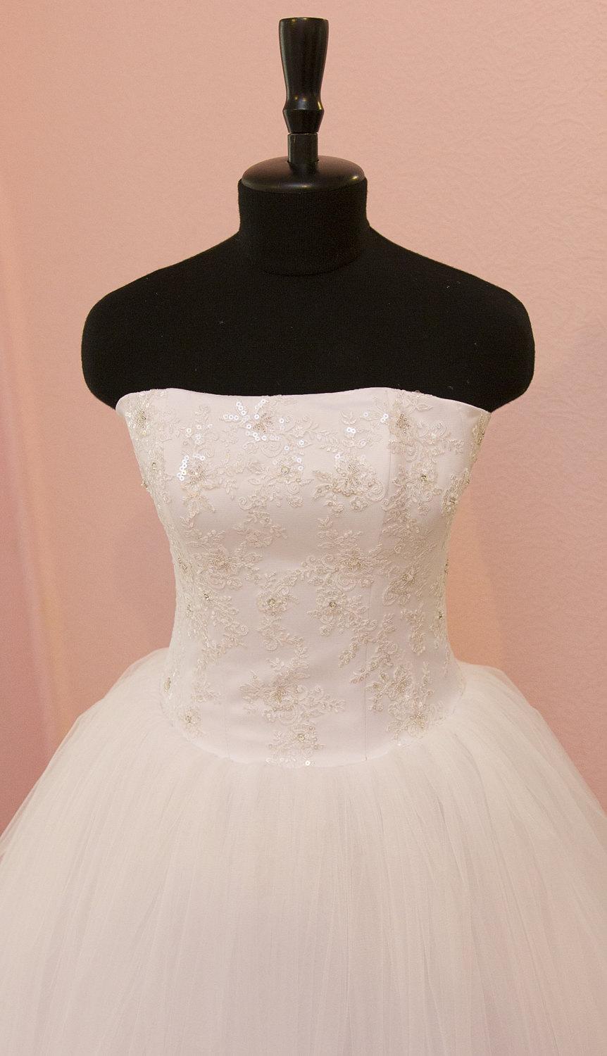Hochzeit - Princess Ball Gown Light-As-Air Wedding Dress with Tulle Skirt and Lace Corset Embroidered with Swarovski Crystals and Sequins
