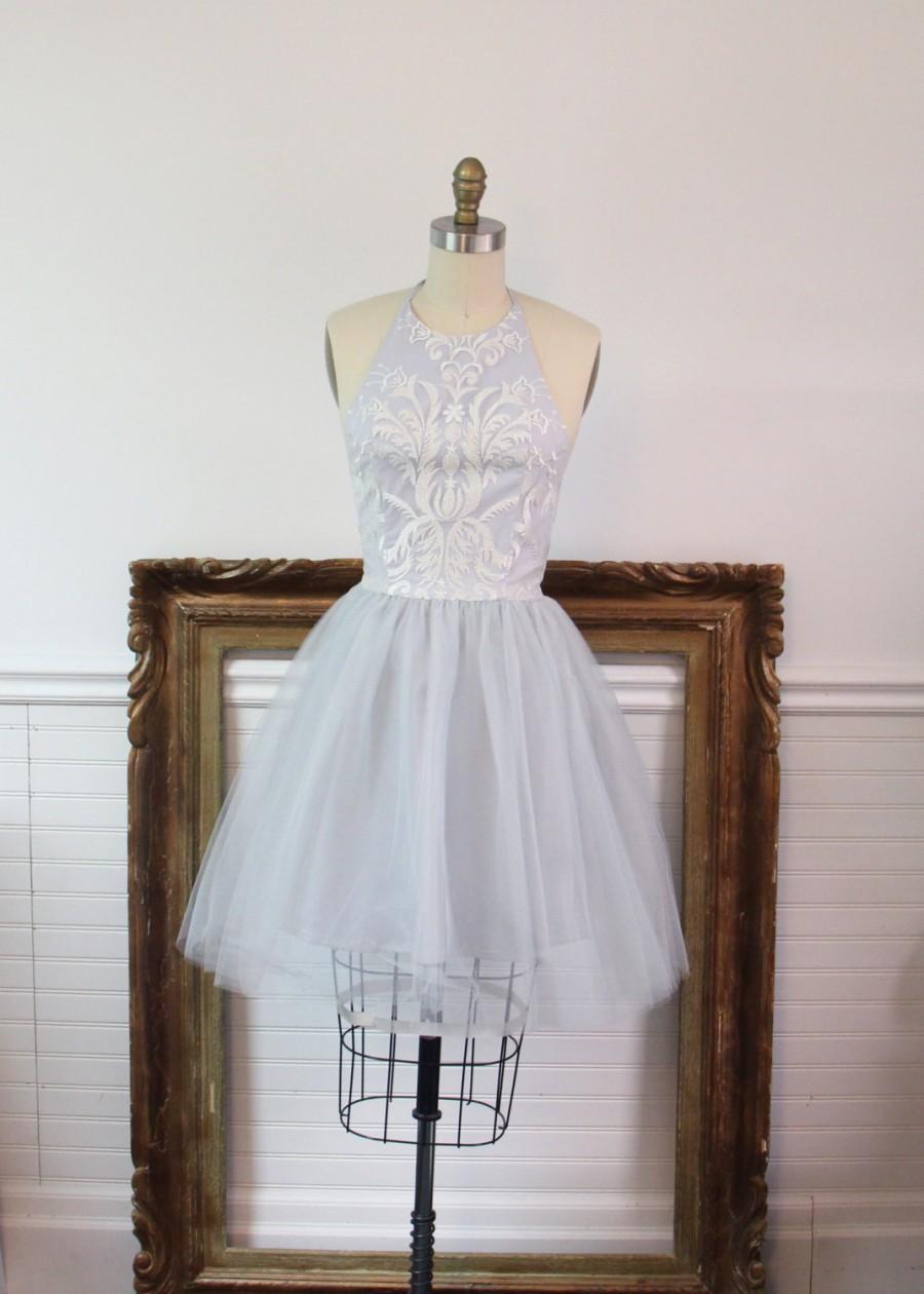 زفاف - Embroidered tulle halter dress, cocktail party dress, tulle bridesmaid dress, silver prom dress, embroidered dress, wedding reception dress