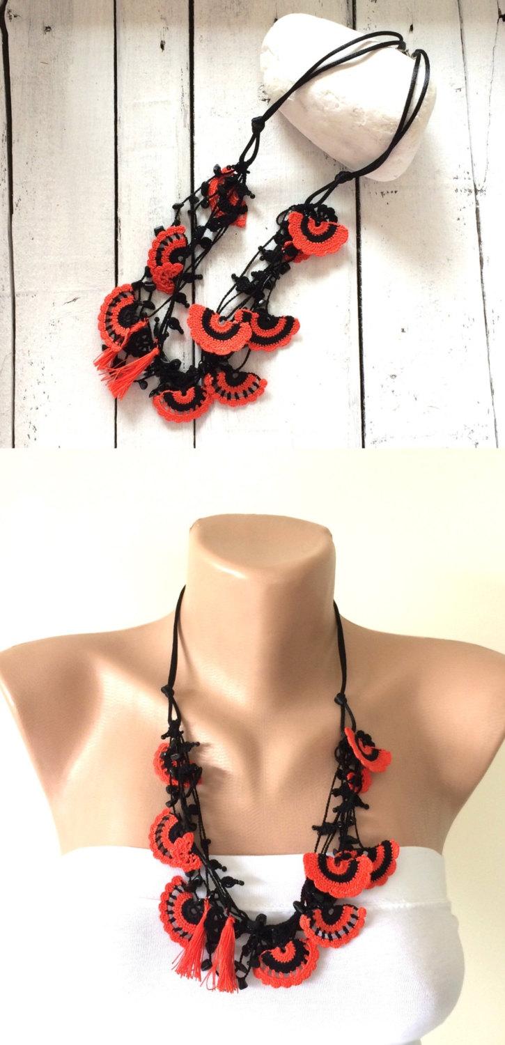 Hochzeit - Crochet Statement Necklace, Oya Beaded Necklace, Orange Black Bib Necklace, Boho Tassel Collar, Halloween Gift, Christmas Gift, ReddApple
