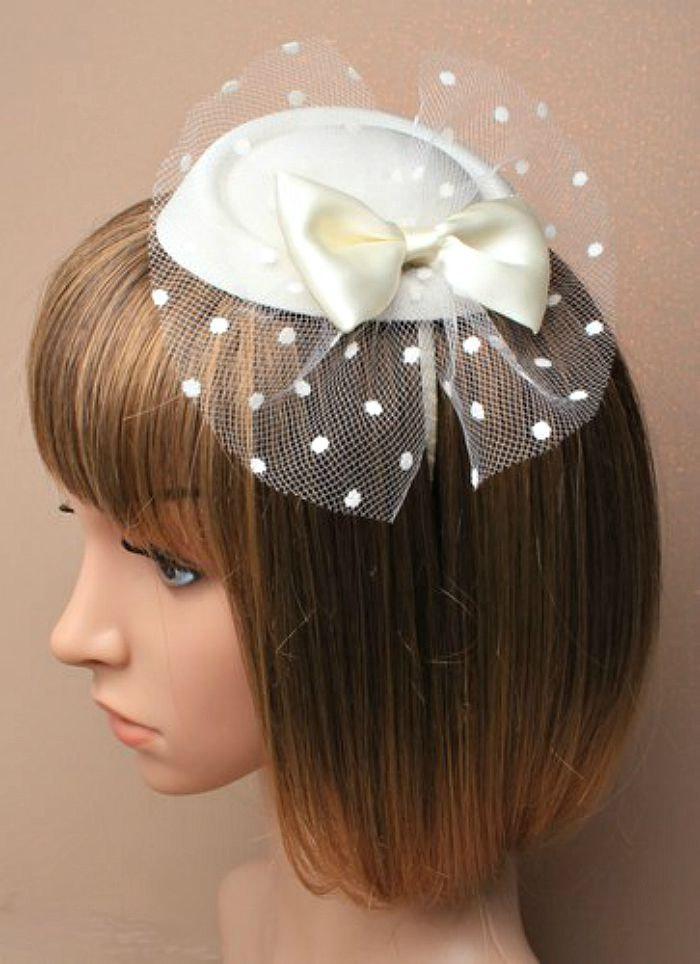 Wedding - Cream Ivory Pill Box Hat with Bow and Polka Dot Net. Facinator Headband, Head Piece, Mother of the Bride, Christening