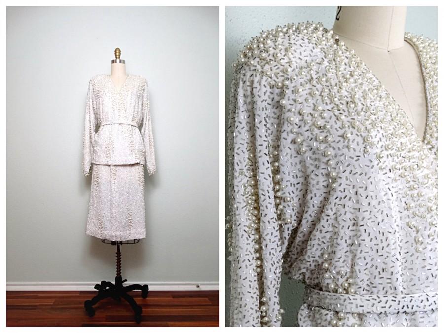 Hochzeit - Vtg Pearl Beaded Amazing Dress / White Silk Glass Beaded 2 Piece / Heavily Embellished Dress w/ Jacket