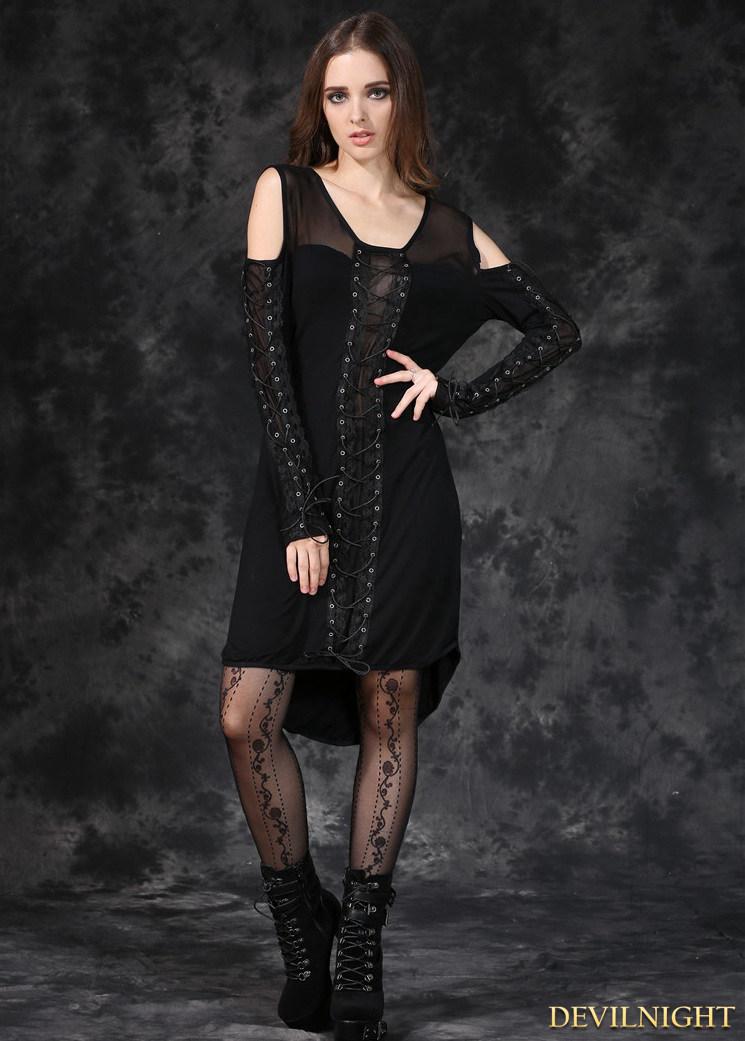 Mariage - Black Gothic Punk Off-the-Shoulder Shirt Dress