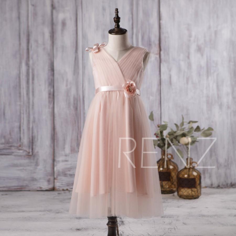 Hochzeit - 2016 Peach Junior Bridesmaid Dress Long, V Neck Flower Girl Dress, Open Back Rosette Dress Floor Length (HK221)