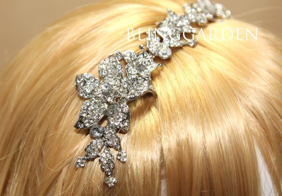 Wedding - 9 inch Long Leaf Rhinestone Crystals Headband,Wedding Bridal Tiara,Ribbon Hairband,Crystal Headband,Wedding Ribbon Headband,Rhinestone Chain