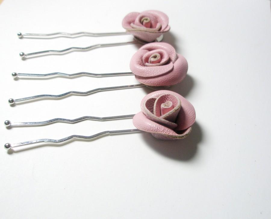 Свадьба - Hair flower-Pink Floral Pin - Rose Wedding- Flower head pieces, bobby's, bridesmaids or flower girl accessory Set of 4