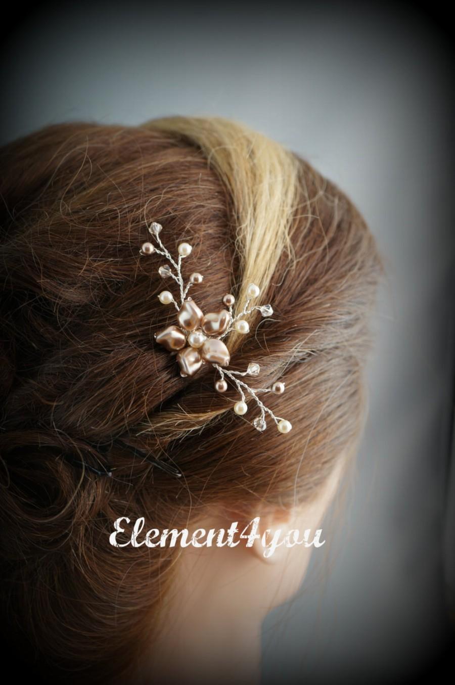 Hochzeit - Flower hair comb, Bridesmaid accessories, Champagne ivory pearls, Gold wire, Wedding hair piece, Flower Girl, Small Hair fascinator