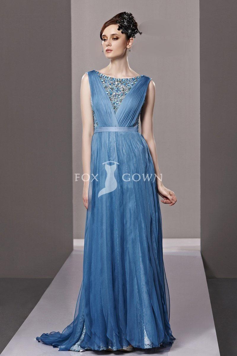 Wedding - Blauen Mantel Stock Länge ärmelloses Plissee Schlitz V-Rücken Perlen Chiffon formelle Kleidung - Festliche Kleider 