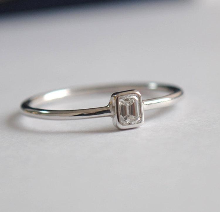 Hochzeit - 0.08 Ct Emerald Cut Solitaire Diamond Engagement Ring. Bezel set Diamond 14K Solid Gold. Dainty Stacker Wedding Promise Anniversary