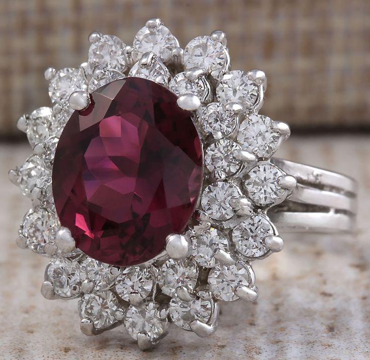 Wedding - Estate 6.30ct Natural Red Tourmaline And Diamond Ring In14k White Gold