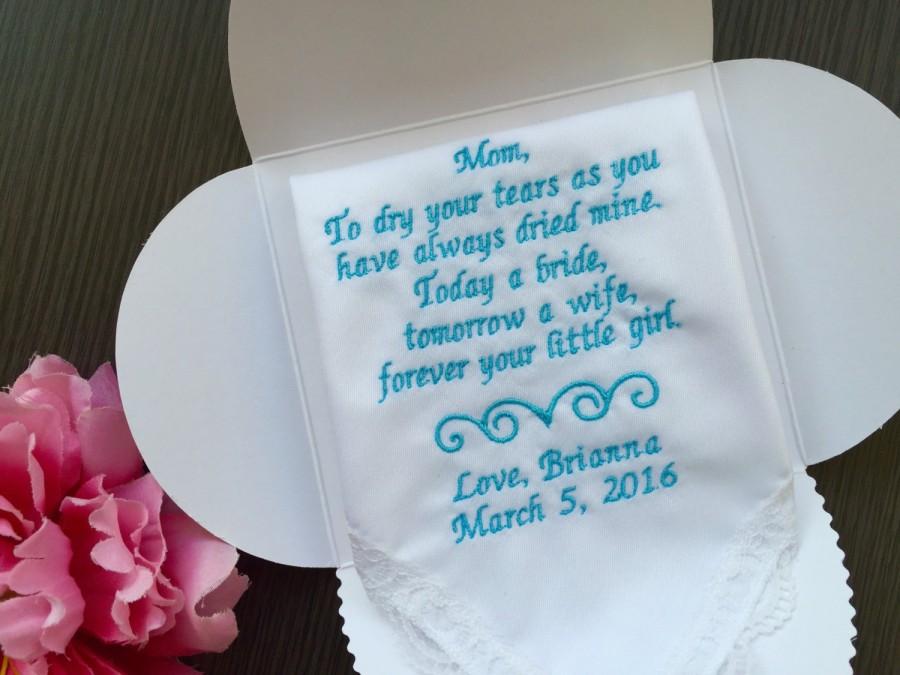 Свадьба - Personalized Wedding  Handkerchief For Mother Of Bride- Gift For Mother From Daughter-Wedding Hanky For Parent- Hankie-Free Wedding Gift Box