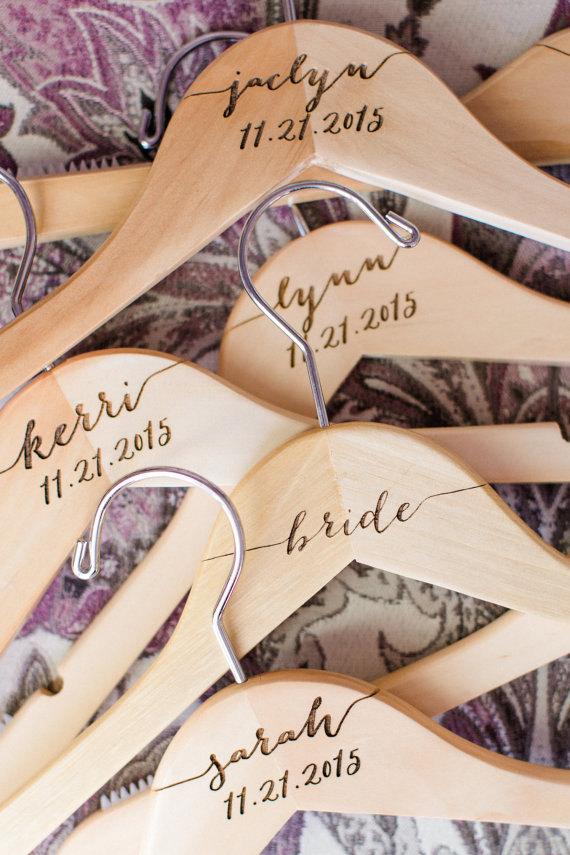 Hochzeit - Personalized Bridesmaid Hangers - Engraved Wood - Wooden Engraved Hanger - Bridal Dress Hanger