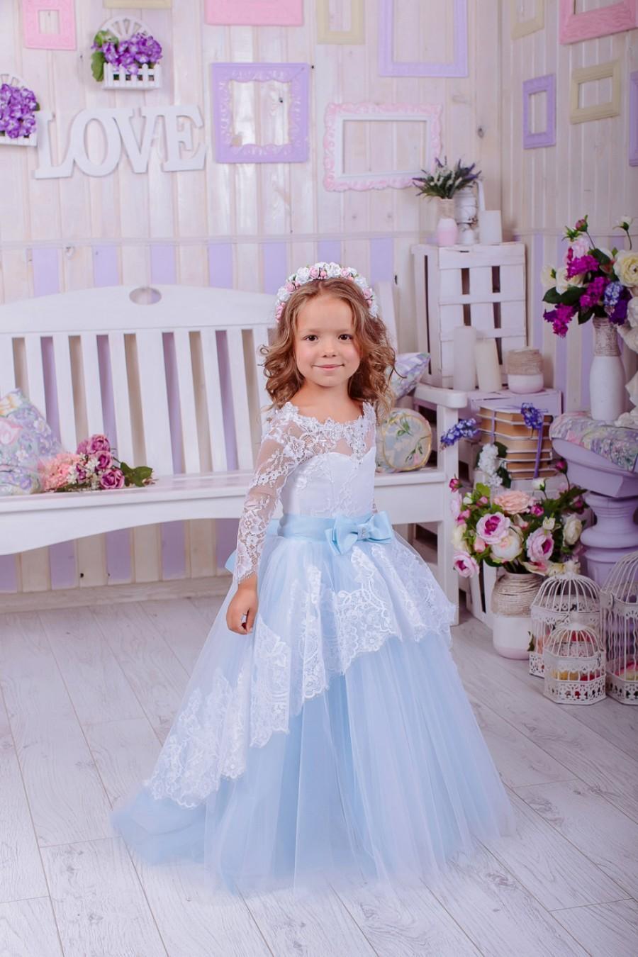 Mariage - Baby Blue Lace Flower Girl Dress,Flower Girl Dress,Wedding Party Dress,Baby Dress, Rustic Girl Dress, Girls Dresses,Ivory Flower Girl Dress