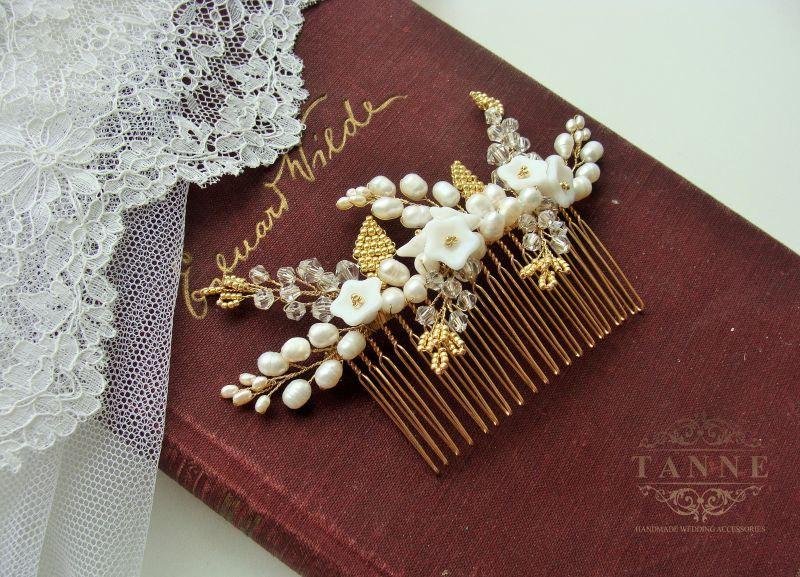 Wedding - Pearl Wedding Hair Comb, Gold Bridal Headpiece, Floral Wedding Hair Accessories, Pearl Hair Comb, Gold Bridal Comb, Pearl Headpiece, Gold
