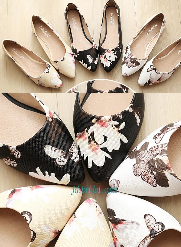 زفاف - WS017 Fashion print floral women's shoes flats closed toes black/white/beige
