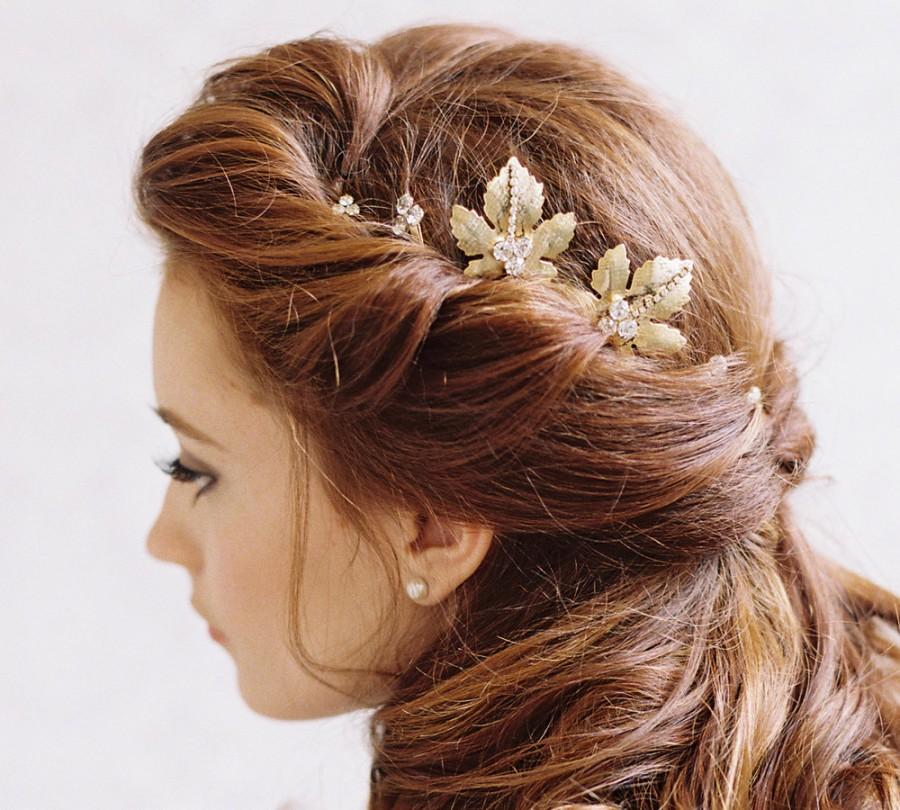 زفاف - Gold leaf and rhinestone bridal hair pins - Style Soulmates no. 1987