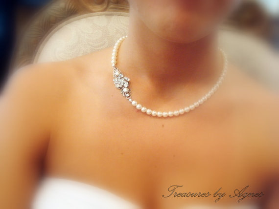 زفاف - Bridal pearl necklace, Vintage style Wedding necklace, Wedding jewelry, Swarovski crystal necklace, Rhinestone necklace, Filigree necklace