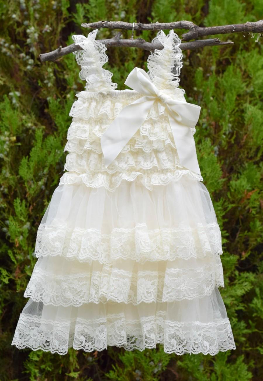 Mariage - Off white ruffle dress, flower girl dress, toddler formal wear, kids wedding clothes, burlap denim flower dress, READY TO SHIP
