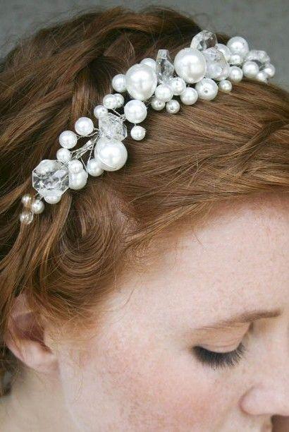 Wedding - Pearl Tiara With Chandelier Crystals, Simple Wedding Headband. Wedding Hair Accessory