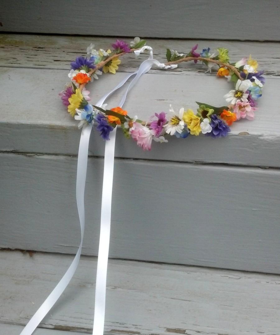 Hochzeit - Rainbow flower crown Hair Wreath Bridal Boho halo Wedding headpiece accessories beach mixed colors blue yellow orange purple pink daisies