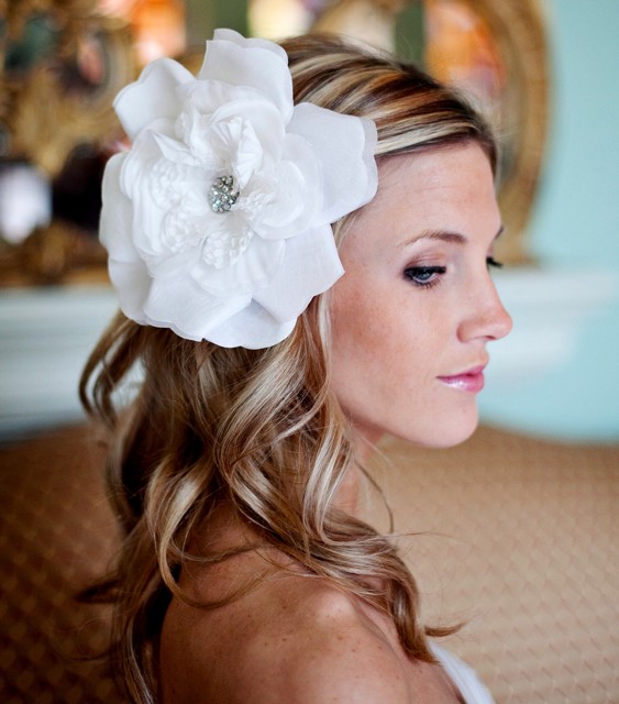 Hochzeit - Wedding Hair Accessories Pure White Organza Bridal Flower with Swarovski Crystal Accent