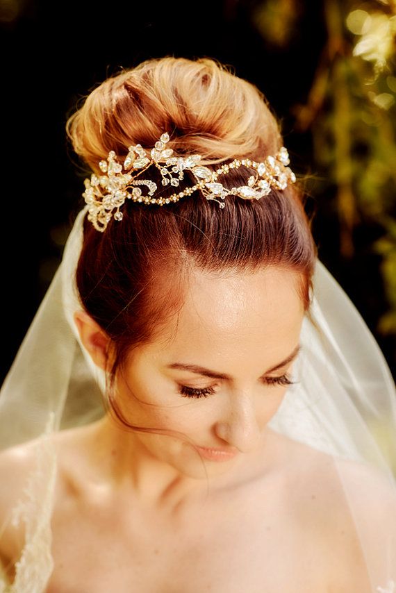 زفاف - Bridal Floral Crown CLARICE , Gold, Hair Vine, Crystal, Flowers, Made To Order