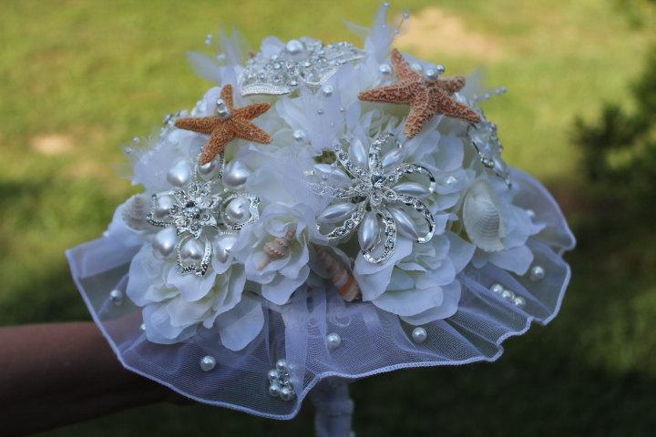 زفاف - Beach Princess Bridal Brooch Wedding Bouquet  FULL PRICE not a deposit Destination Wedding, Beach Wedding