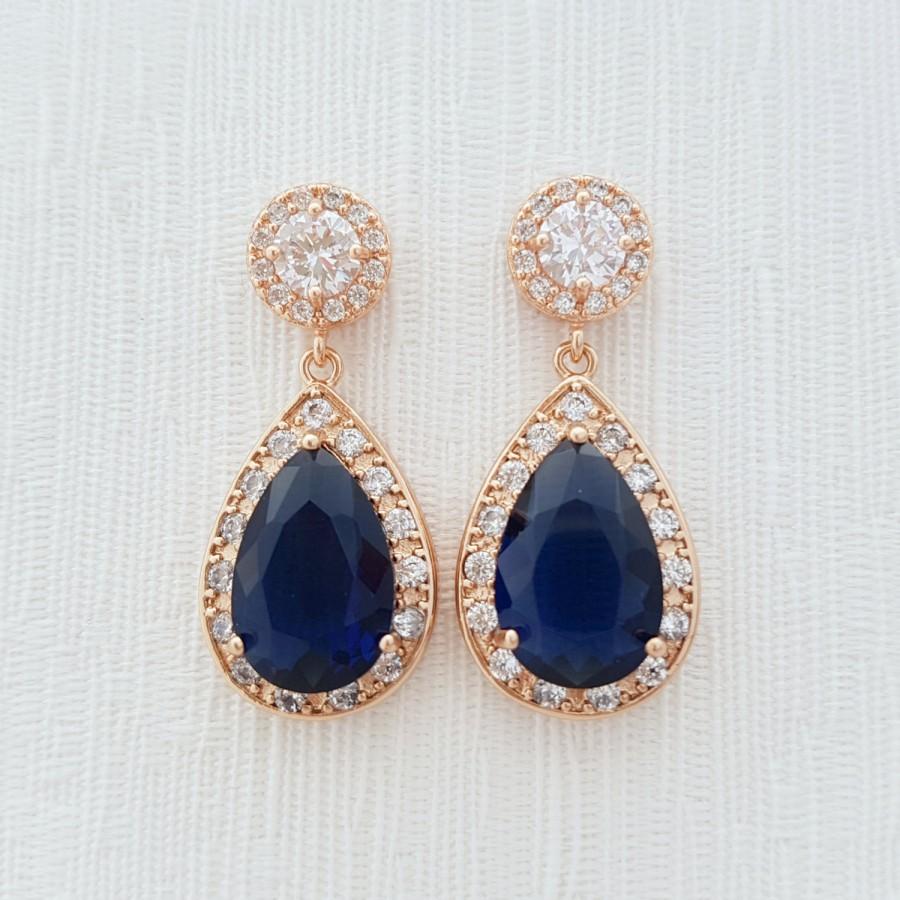 Hochzeit - Blue Rose Gold Wedding Earrings Something Blue Bridal Jewelry Cubic Zirconia Large Teardrop Bridal Earrings Sapphire Blue Wedding Jewelry