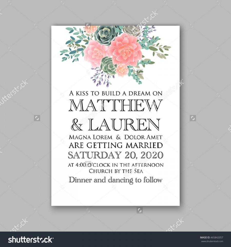 Hochzeit - Wedding invitation template with succulents and rose bouquet with eucaliptus leaf