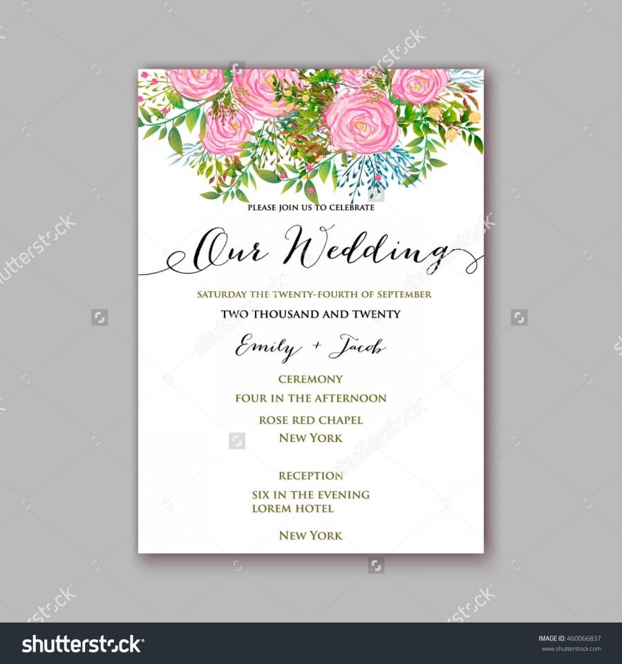زفاف - Wedding invitation with watercolor rose flower and laurel in wreath